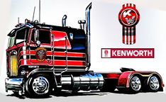 a red kenworth semi truck parked next to a sign