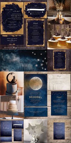 the wedding stationery is set up in blue and gold