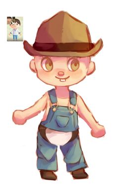 a cartoon character with a hat and overalls