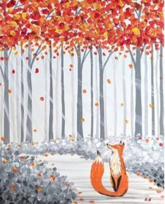 an acrylic painting of a fox sitting in front of trees with fall leaves