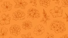 an orange background with many flowers and leaves on the bottom right corner, in shades of brown