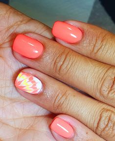 Spring Gel Nail Designs 2024, August Gel Nails Ideas, Cute August Nails, End Of Summer Nails Ideas, Coral Summer Nails, June Nails, Lemon Nails, Tape Nail Art, Kids Nail Designs