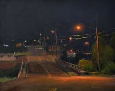 an oil painting of a street at night with no cars on the road and lights in the distance