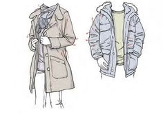 a drawing of a woman's coat and jacket, with the hood pulled up