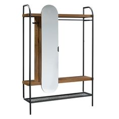 an iron and wood shelf with a mirror on it