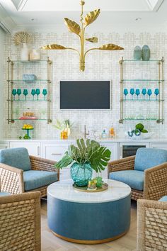 a living room filled with furniture and a flat screen tv mounted on the wall above it