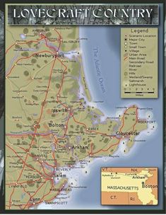 a map of lovecraft country with the towns and roads on it's side