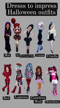 several different types of dolls are shown in this graphic style, with the words dress to impress halloween outfits