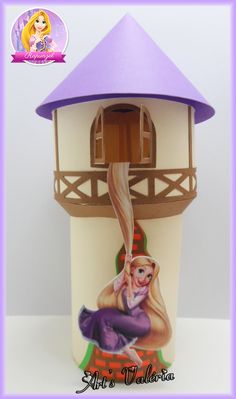 a dollhouse with a purple roof and a princess on it's face in front of a white background