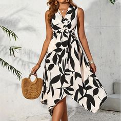 Lasaky - Chic Sleeveless Leaf Print Knotted Irregular Hem Dress Design Elegant Midi Dresses, Mini Robes, Sleeveless Long Dress, Irregular Hem, Maxi Robes, Midi Dress Summer, Women Midi, Spring Summer Dress, Daily Dress