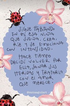 some pink flowers and two ladybugs on a blue circle with words written in spanish