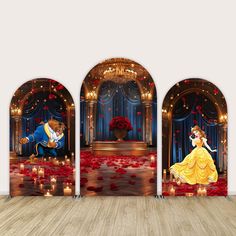 the beauty and the beast backdrop is set up in an empty room with red rose petals