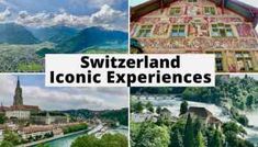 several different pictures with the words switzerland iconic experiences in front of them and an image of a river running through it