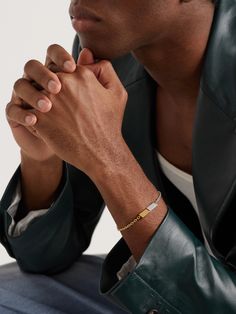 Finished with a sculptural fastening, Bottega Veneta's bracelet is made up of delicate links cast from contrasting gold vermeil and sterling silver. Wear it solo or as part of a chain stack. Men Accessories Photography, Mens Jewelry Editorial, Men Jewellery Photography, Mens Jewelry Photography, Man Jewelry Aesthetic, Mens Photos, Bracelet Photography, Male Bracelets, Men Hands