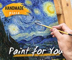 a hand holding a paintbrush in front of a painting with the words, handmade piece painted for you