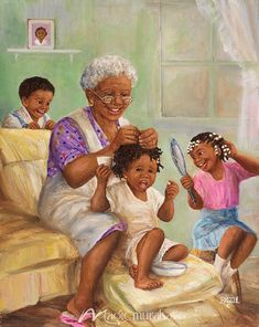 an older woman combing her children's hair