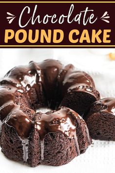 a chocolate pound cake on a white plate