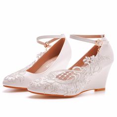 Details: Style: Elegant Embellishment:?Lace Heels Type: Wedge heels Heel height: 2.17inch Closure Type: Buckle Strap Toe: Round Toe Upper Material: PU Sole Material:?Rubber Lining Material: Leather Spring Wedding Wedge Sandals With Round Toe, Elegant White Low Heel Wedge Sandals, Spring Wedding Wedge Heels, Elegant Low Heel Wedge Sandals For Wedding, Platform Wedge Sandals With Round Toe For Wedding, White Wedge Heel Sandals For Wedding, White Wedge Sandals For Wedding, White Wedge Heel Heels For Wedding, White Wedge Heel Wedding Shoes