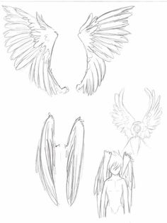 three different angles of wings and one with an angel on the top, two in the middle