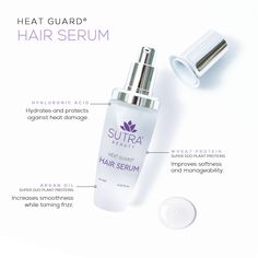 Our Heat Guard® Hair Serum is an expertly-created finishing formula that actively protects and repairs hair from heat damage. A fusion of natural plant and seed extracts effectively combine with hyaluronic acid to help reduce breakage, repair existing damage, and help maintain the proper balance of moisture for your hair and scalp.Our Hair Serum delivers intense nourishment and hydration, and should be used after heat styling to replenish hair for a smooth, frizz-free finish. The Results: Nourished hair that is safeguarded from heat, chemical, and environmental damage, and sealed with incredible softness and shine.Pro Tip: Use on Damp hair for an air dry silky smooth natural look. Apply a small amount after heat styling to seal split ends and rehydrate for a sleek finish. For more ultimate Guard Hair, Hair Protein, Heat Styling, Environmental Damage, Heat Damage, Hyaluronic Acid Serum, Plant Protein, Frizz Free, Natural Plant