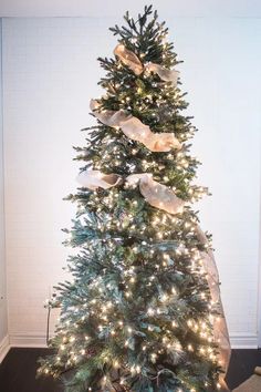 a christmas tree with lights and ribbons on it