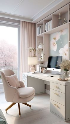 a white desk with a computer on top of it next to a chair and window