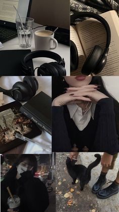 a collage of photos with headphones, books and a cat on the floor