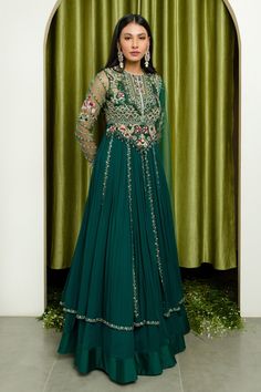 Green Hand Embellished Gown For Eid, Hand Embellished Green Gown For Eid, Green Hand Embellished Sharara For Eid, Green Hand Embellished Traditional Sharara, Bollywood Style Green Gown With Intricate Embroidery, Green Bollywood Gown With Intricate Embroidery, Bollywood Green Gown With Intricate Embroidery, Green Embroidered Gown For Reception, Green Bollywood Style Dress For Reception