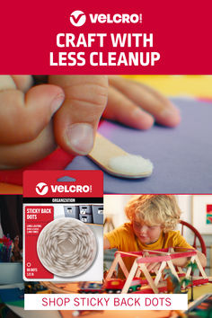 an advertisement for velcro's craft with less cleanup, including sticky back dots