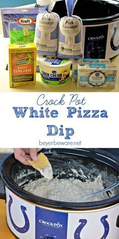 the crock pot white pizza dip is ready to be served in the slow cooker