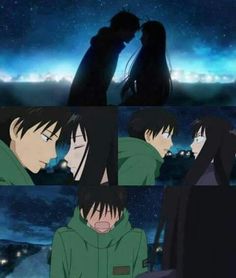 anime scene with two people kissing in front of the sky and one person holding his head