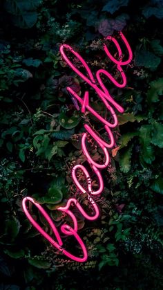 a neon sign that says good luck in front of some plants