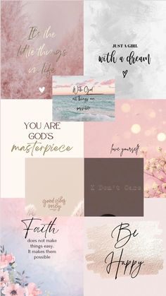 a collage of pink and white cards with the words, you are god's masterpiece