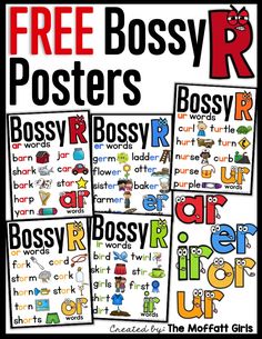 four posters with the words bossy r in different languages