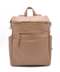 a tan leather backpack with zippers on the front