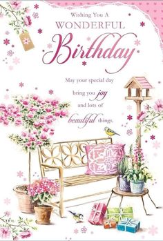 a birthday card with pink flowers on a bench and presents in front of the image