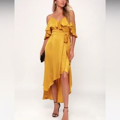 Soft And Stunning Satin Fabric Sweeps From Adjustable Spaghetti Straps Into Ruffled Off-The-Shoulder Sleeves And A Wrapping, Ruffled Bodice With Modesty Snap. A Cascading, High-Low Midi Skirt Sweeps Below The Sash Tie Waist Long Sleeve Ruffle Dress, Yellow Satin, Lulus Dresses, Midi Ruffle Dress, Bubble Sleeve, Wrap Midi Dress, Maxi Robes, Sweater Dress Midi, Green Midi Dress