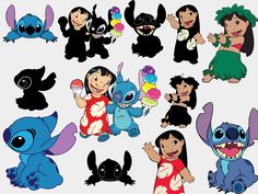 cartoon characters from the disney movie stitchers and their names are shown in this image