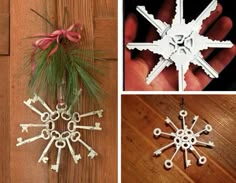 there are four different snowflakes made out of wood and paper with ribbons on them