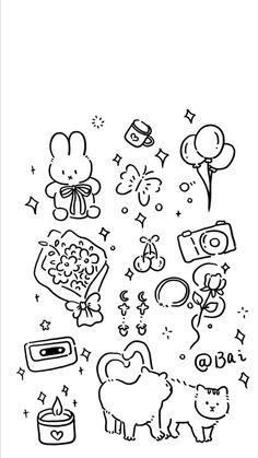 a black and white drawing of various items in the shape of an animal with balloons