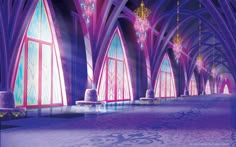 an image of a purple and blue room with chandeliers