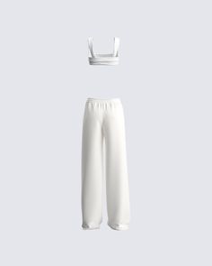 An all-white fit holds power 🤍 Featuring a white jersey cropped top, paired with white straight-leg pants - this casual chic two-piece set will have you standing out wherever you go 🤩 Chic White Two-piece Set, White Two-piece Cropped Crop Top, White Two-piece Cropped Top, Chic White Two-piece Pants Set, White Fitted Two-piece Pants, Fitted White Two-piece Pants, White Cropped Athleisure Crop Top, White Fitted Athleisure Set, Fitted White Athleisure Set