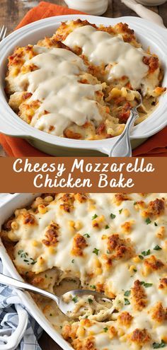 cheesy mozzarella chicken bake in a casserole dish