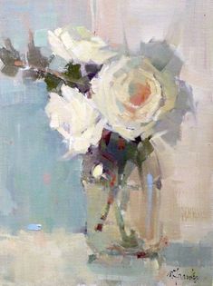 a painting of white roses in a vase