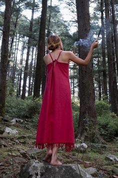 Beautiful red Ahimsa silk dress with handmade fringe Soft and light fabric with rustic texture. Two strings on the shoulders and two loops on the back makes it perfectly adjustable for body shape and size. Perfectly fitting sizes from S to M. Also available in off white, beige and black. https://www.etsy.com/listing/829486694/off-white-ahimsa-silk-fringe-dress?ref=shop_home_active_62&frs=1&cns=1 https://www.etsy.com/listing/799057855/black-ahimsa-silk-fringe-dress-organic?ref=shop_home_a Red Tasseled Maxi Dress For Summer, Red Summer Dress With Tassels, Red Maxi Dress With Tassels For Summer, Red Fringe Dresses For Summer, Red Fringe Summer Dress, Red Bohemian Dress With Tassels, Wedding Boho Dress, Rustic Texture, Natural Boho