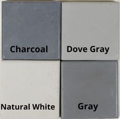 four different shades of gray and white tile with the words charcoal, dove gray, natural white