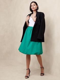 Taffeta Knee-Length Skirt | Banana Republic Factory Spring Workwear Skirt With Elastic Waistband, Spring Work Skirt With Elastic Waistband, Spring Voluminous Skirt For Work, Spring Workwear Skirted Bottoms, Casual Voluminous Skirt For Workwear, Casual Workwear Voluminous Skirt, Spring Workwear Mini Skirt With Gathered Details, Chic Gathered Skirt Bottoms For Work, Spring Versatile Mini Skirt