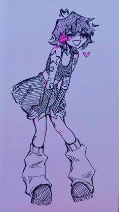 a drawing of a girl with short hair and boots, standing in front of a purple background