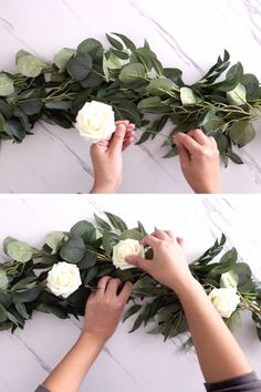 two photos of hands arranging flowers on top of each other, and then placing them in the middle