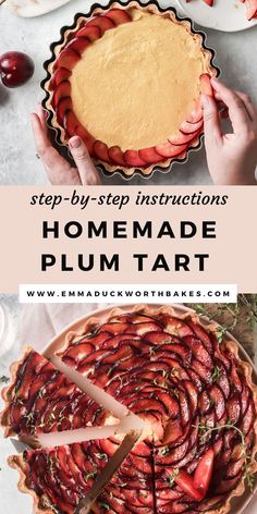 a pie with strawberries on top and the words homemade plum tart below